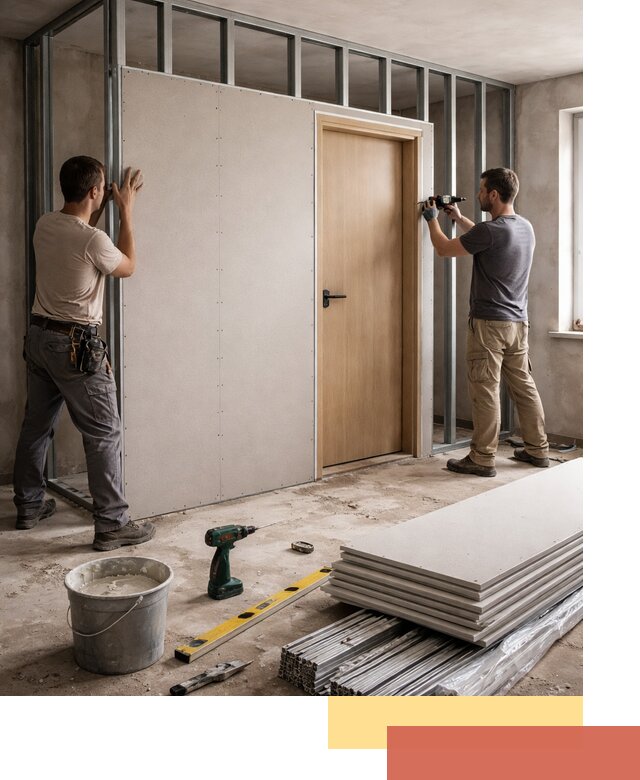 Перегородка из гипсокартона с дверью под ключ в Новоалтайске