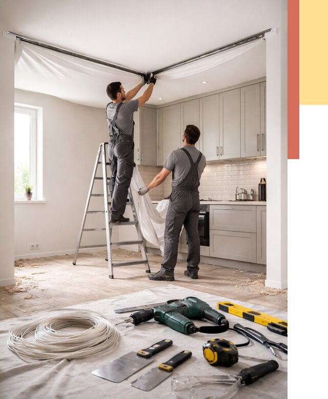 Установка натяжного потолка на кухне в Новоалтайске от 2454 руб. | ОТДЕЛОЧНИК-Нвл