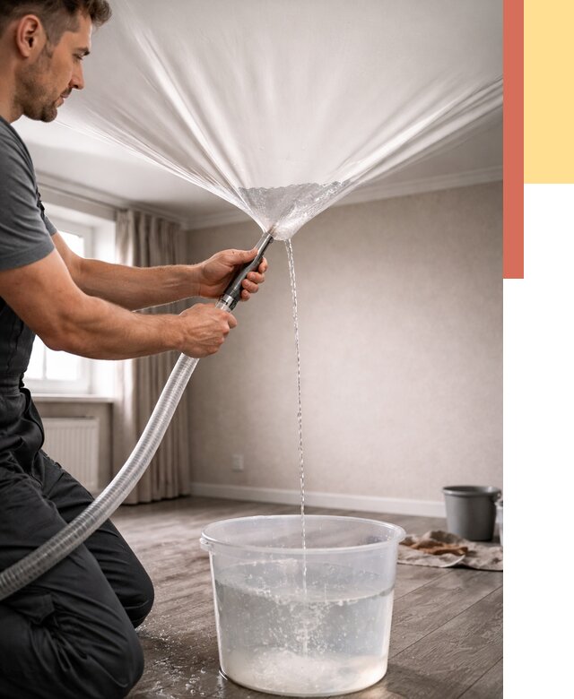 Слив воды с натяжного потолка в Новоалтайске от 2556 руб. быстро и недорого | ОТДЕЛОЧНИК-Нвл